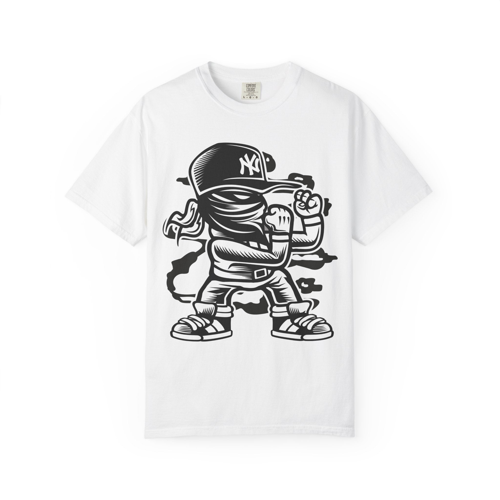 Graffiti Kid Character T-Shirt — Streetwear NY Baseball Cap Design