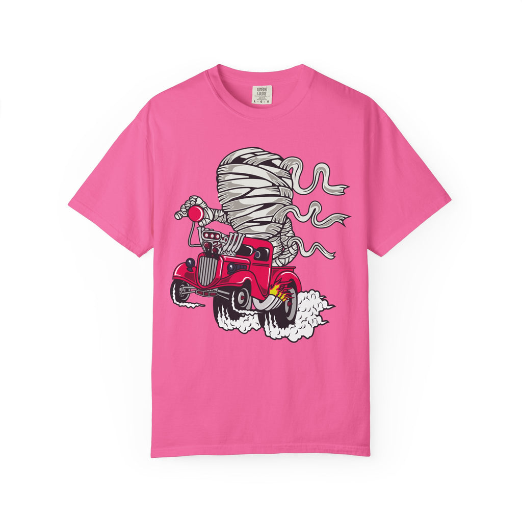 Vintage Hot Rod T-Shirt — Red Rat Rod Cartoon with Tornado Smoke