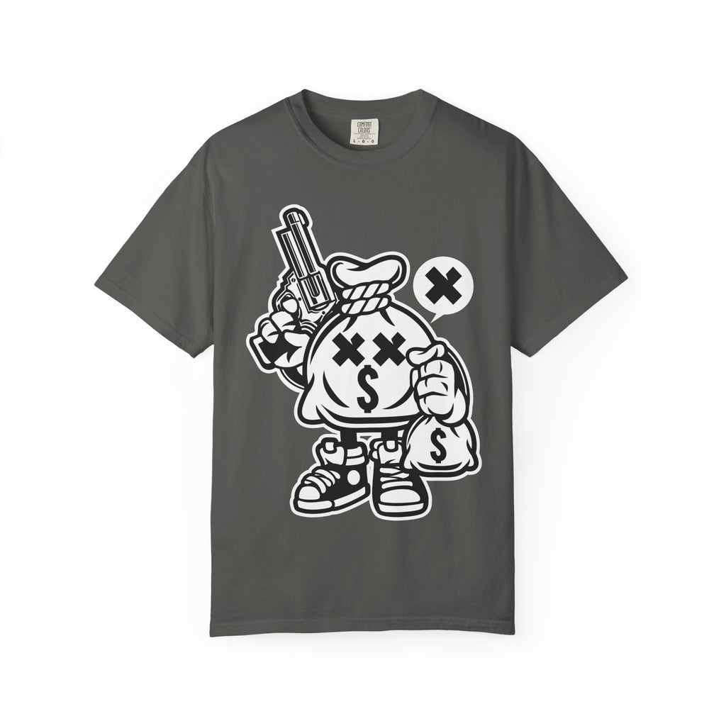 Money Bag Mascot Graphic T‑Shirt — Streetwear Cartoon Cash With Gun Design