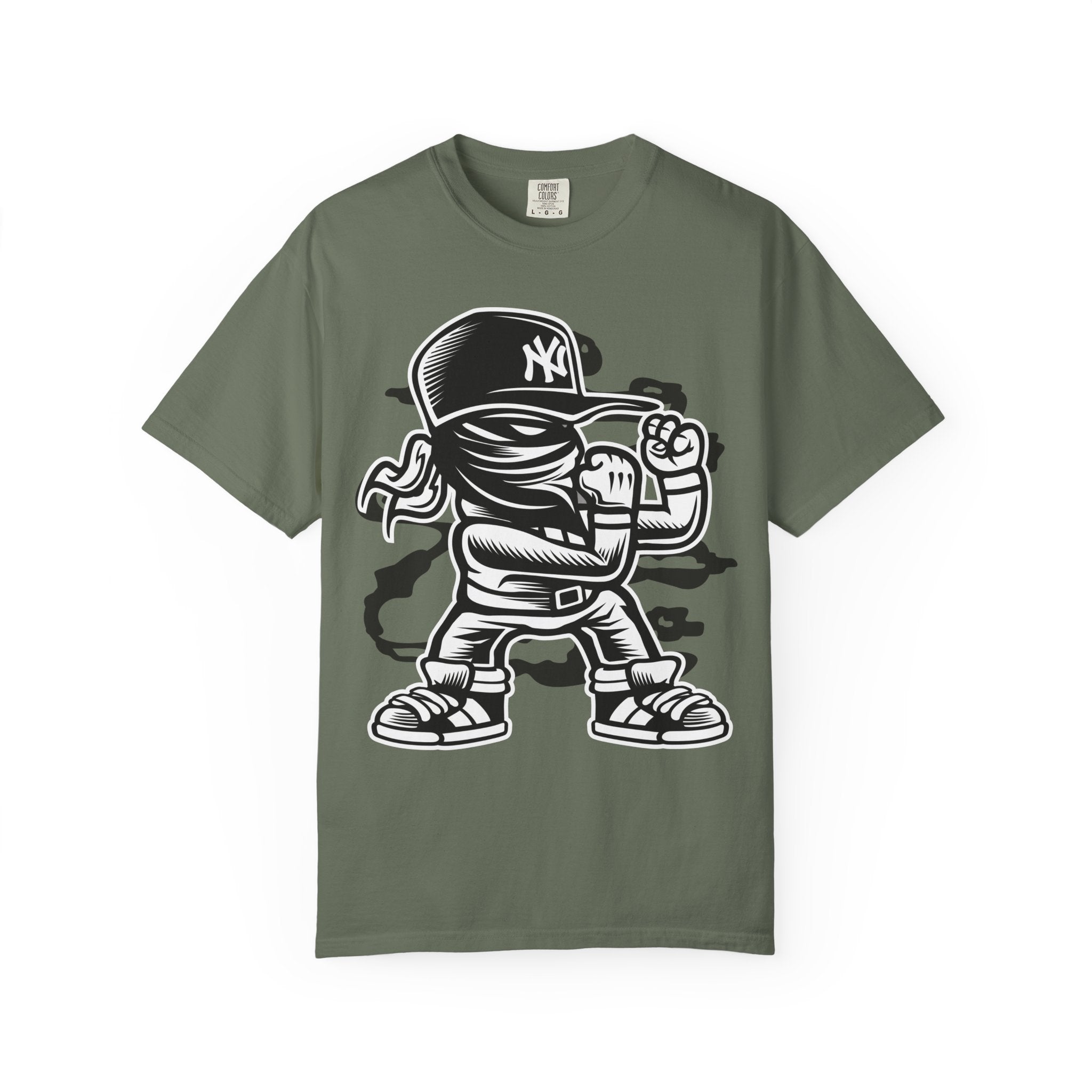 Graffiti Kid Character T-Shirt — Streetwear NY Baseball Cap Design