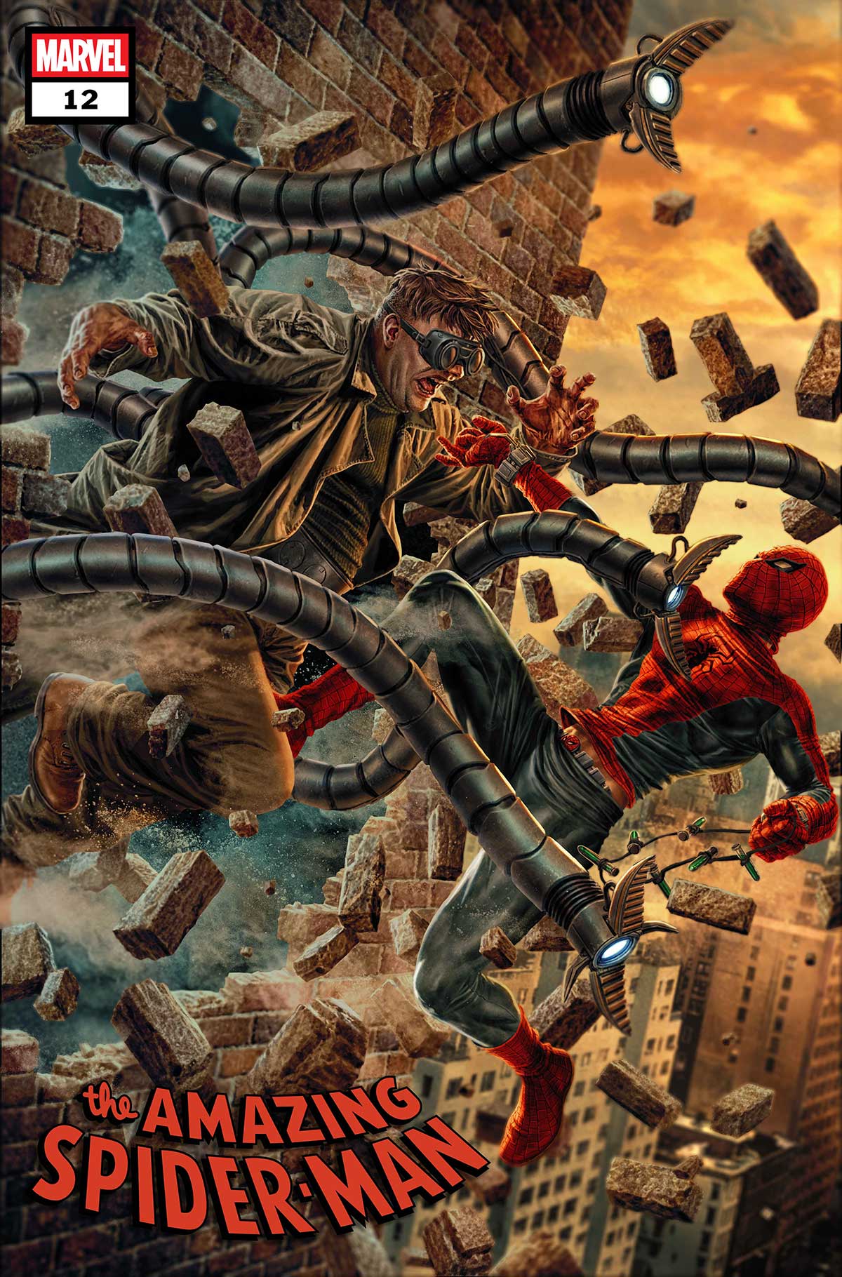 Comic book cover featuring Spider-Man in action with a cityscape background