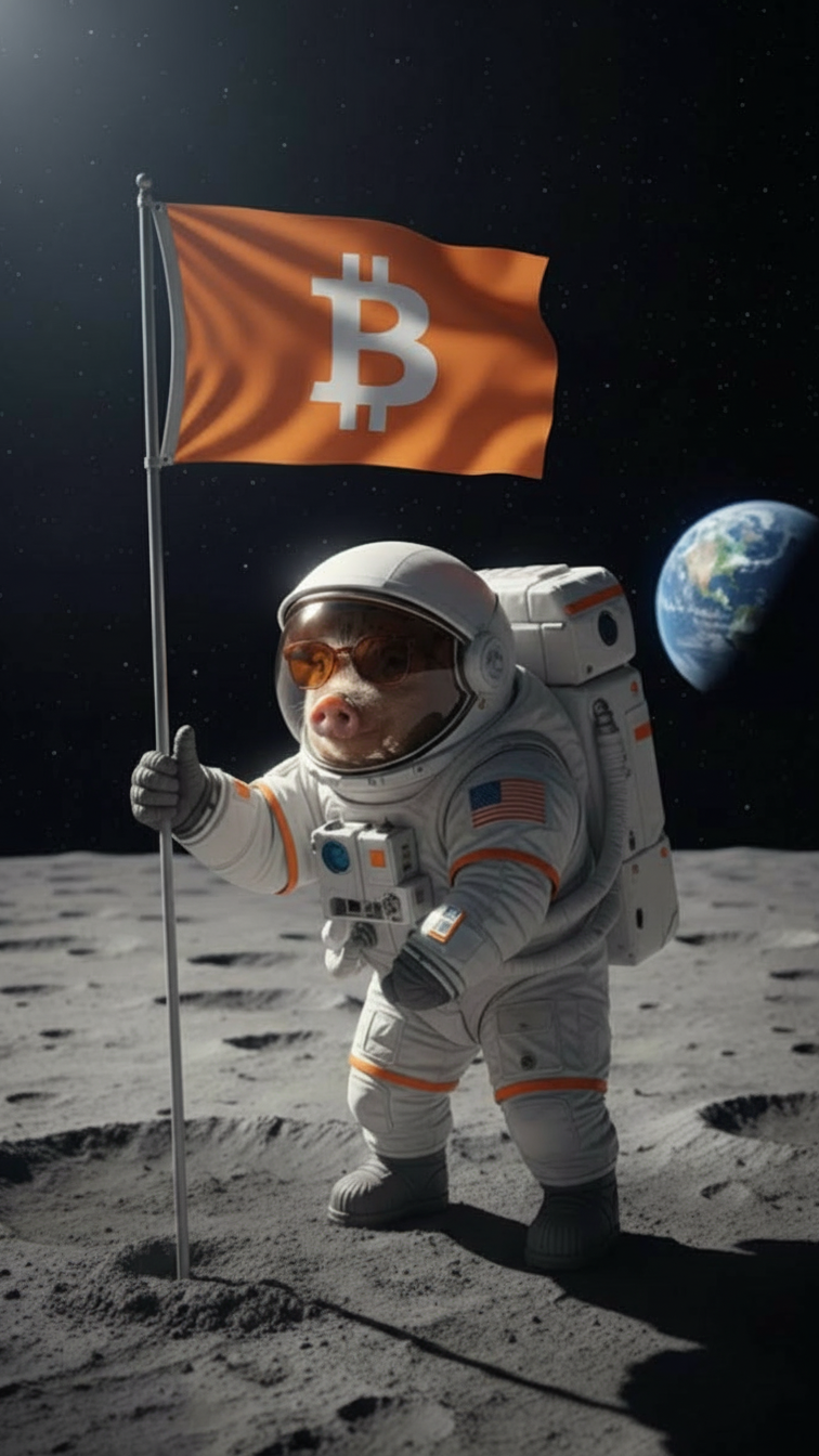 Astronaut BraggerSwine on the moon holding a Bitcoin flag with Earth in the background