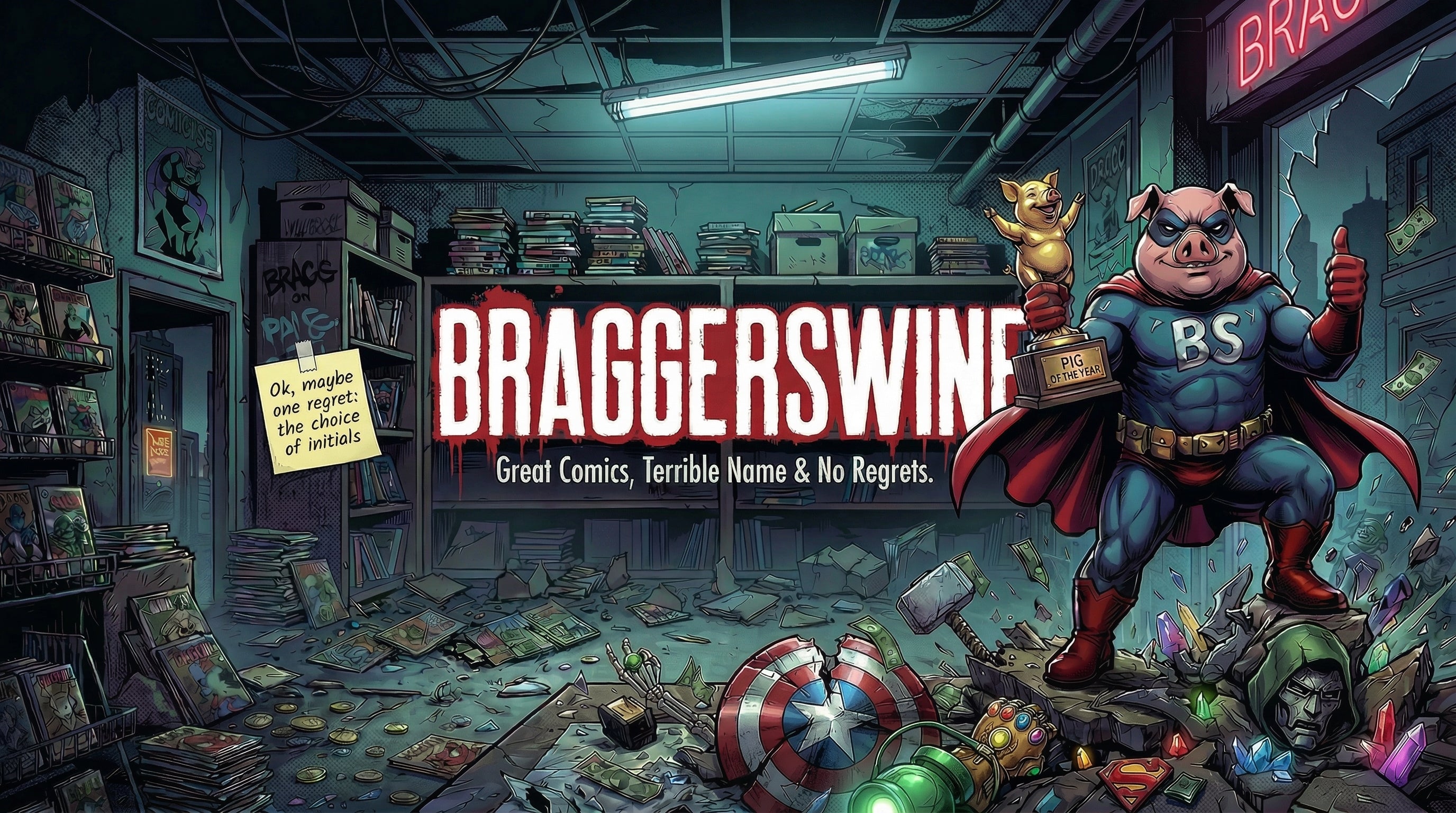 Comic book store interior with a superhero pig character holding a trophy, featuring the brand 'Braggerswine'.