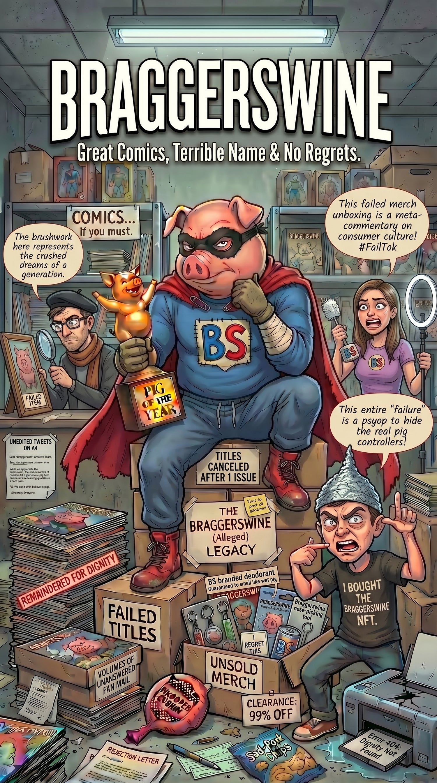 Comic book cover with a pig in a superhero costume surrounded by comic books and people in a store.