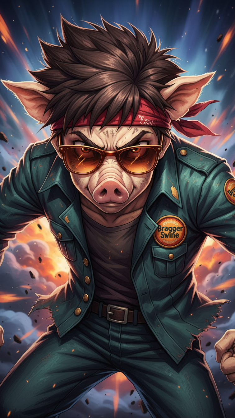 Illustration of a pig character in a teal jacket with fiery background