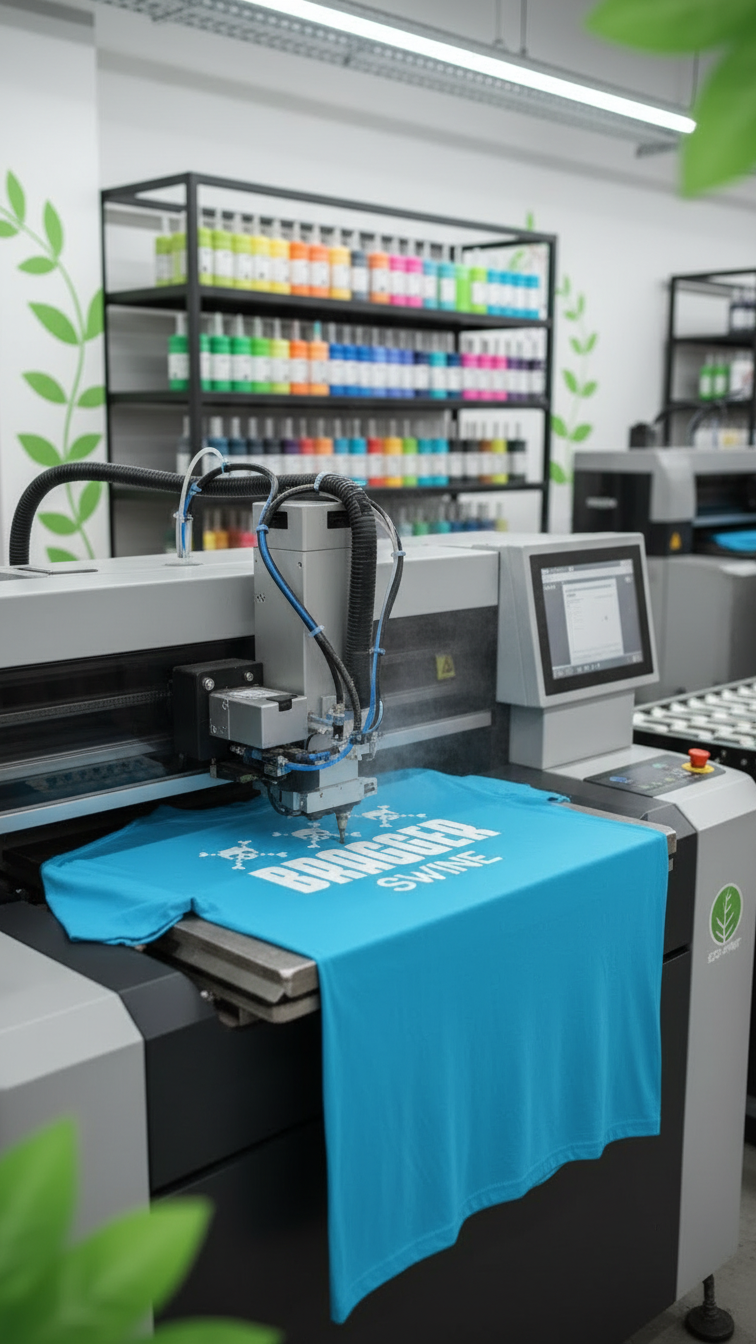 T-shirt being printed on a digital printing machine in a workshop setting.