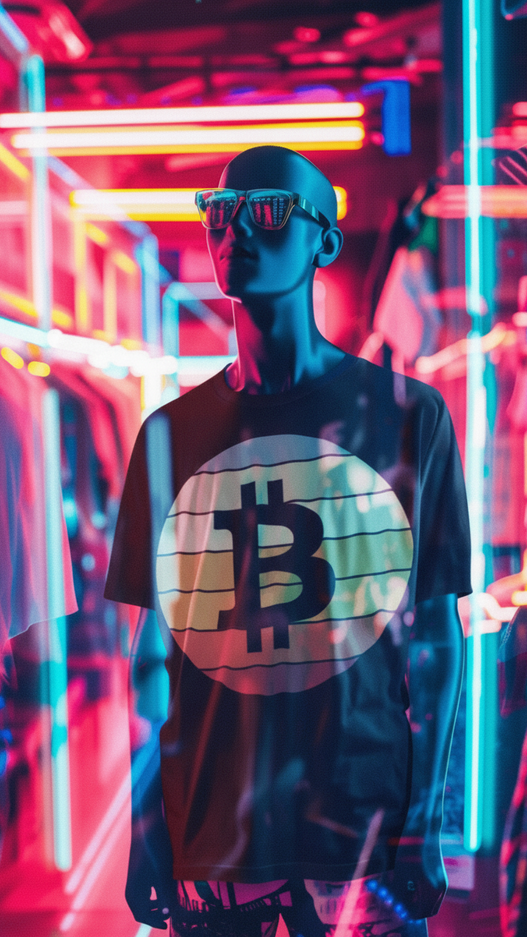 BraggerSwine wearing a shirt with a Bitcoin logo in a neon-lit environment