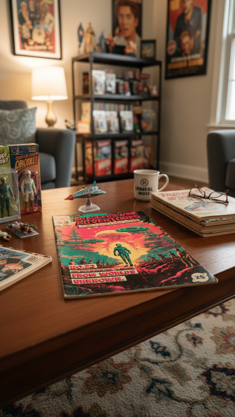 Desk with Brasgger Swine vintage comicbook, a mug, and a map in a cozy room.