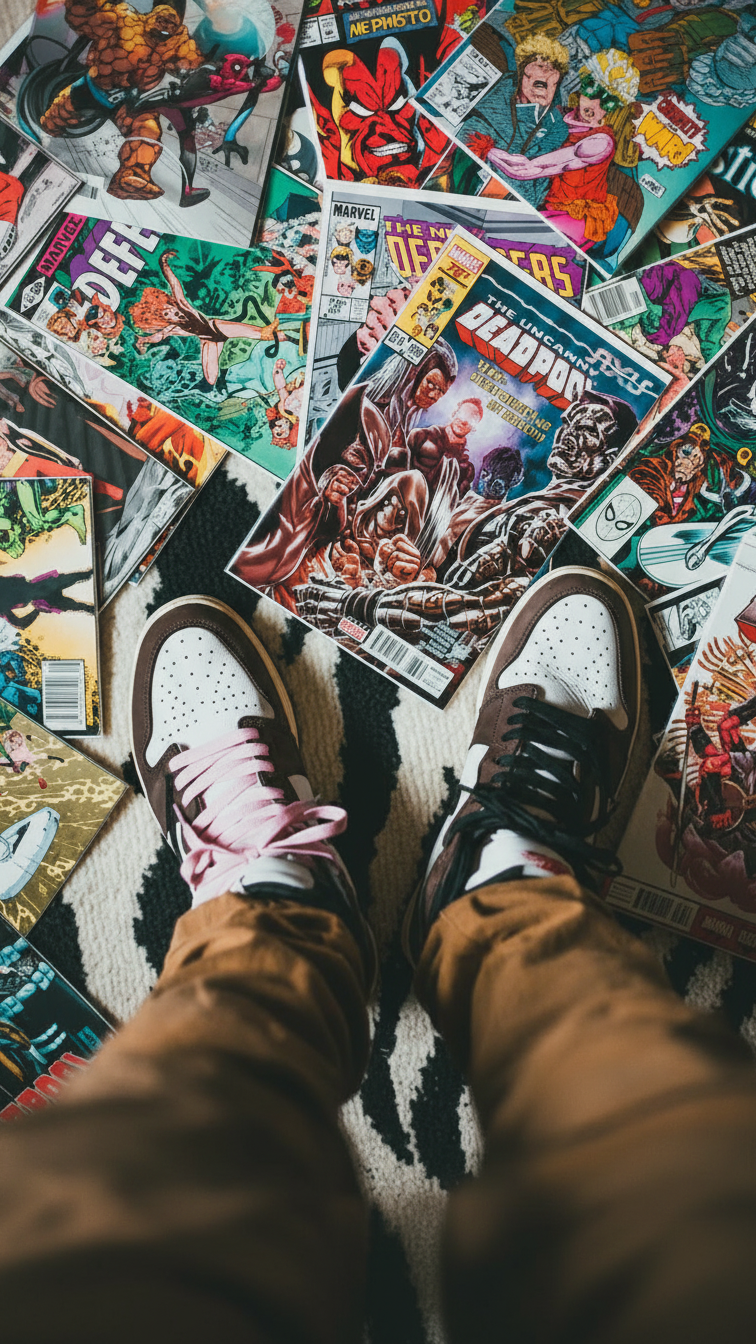 Pair of feet wearing brown shoes with white soles, standing on a surface covered with comic books.