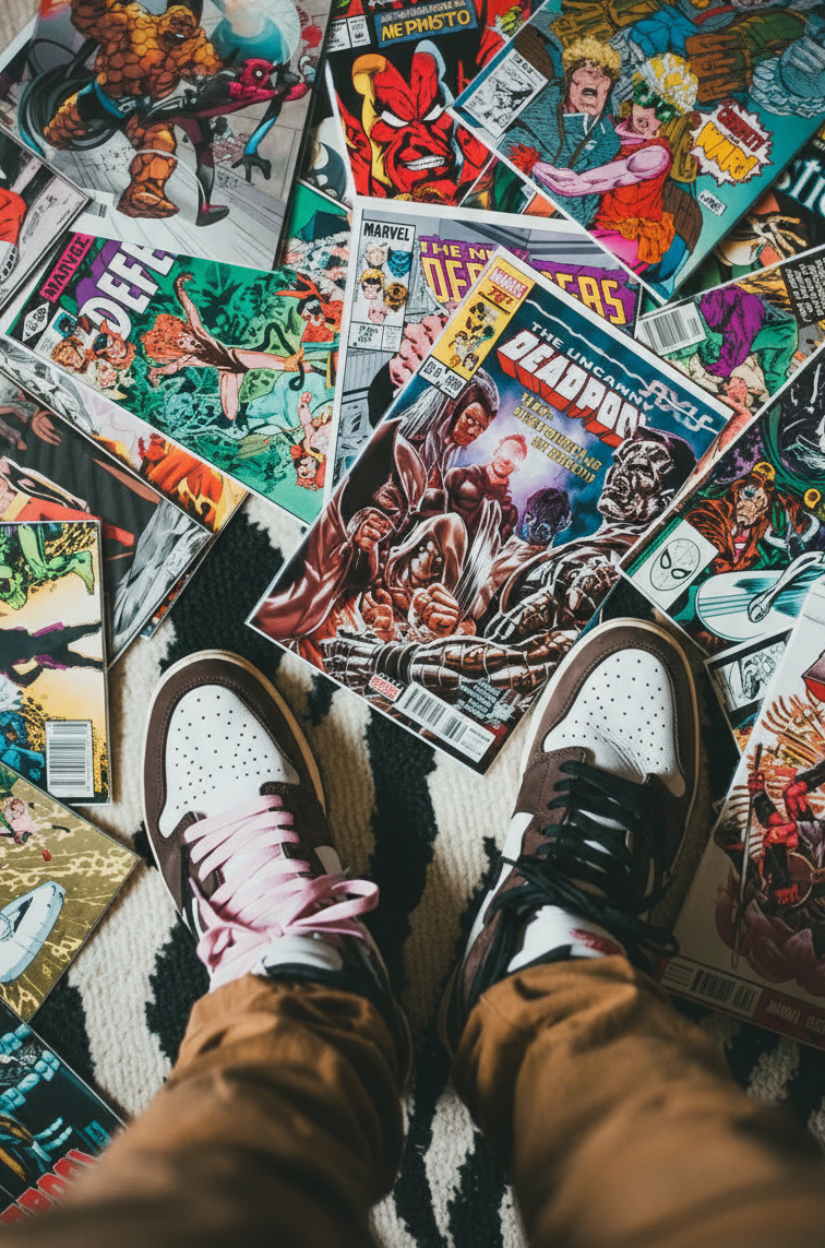 Pair of feet wearing brown shoes with white soles, standing on a surface covered with comic books.