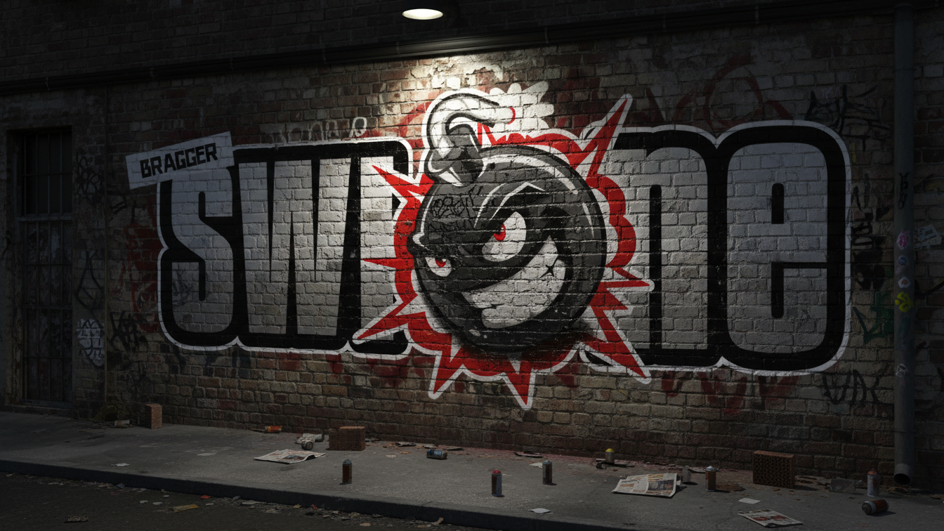 BraggerSwine Graffiti artwork on a wall with a prominent logo and text.