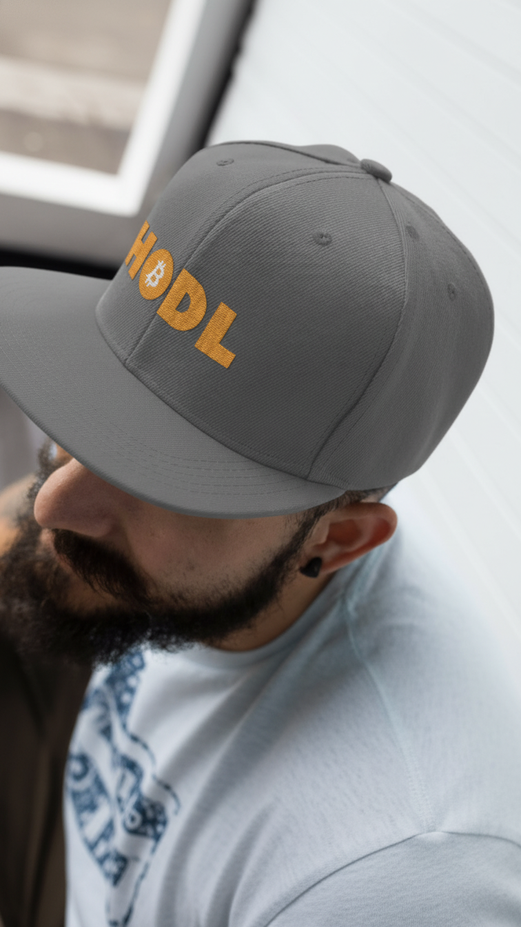 Man wearing a gray cap with 'HODL' printed on it, sitting inside a vehicle.