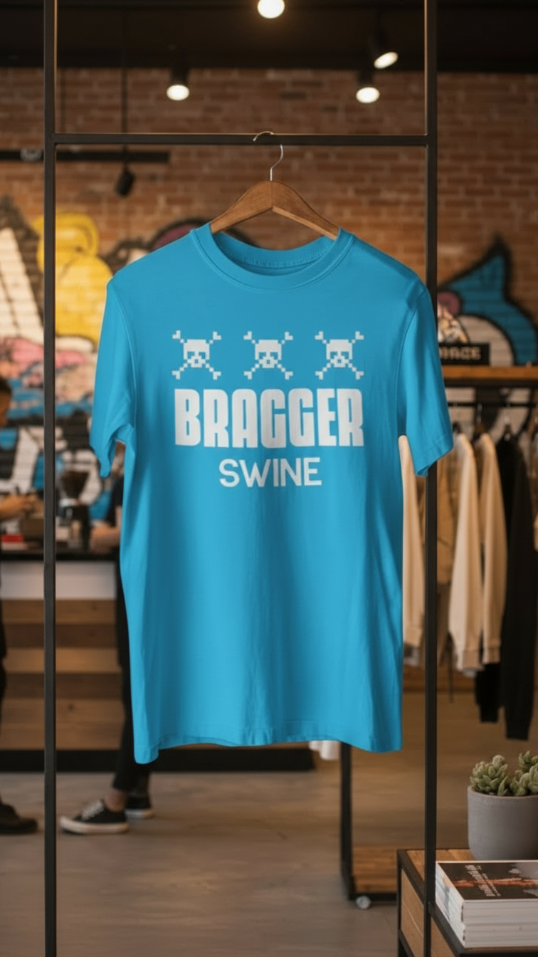 BraggerSwine Blue t-shirt with 'Bragger Swine' text on a hanger in a store setting