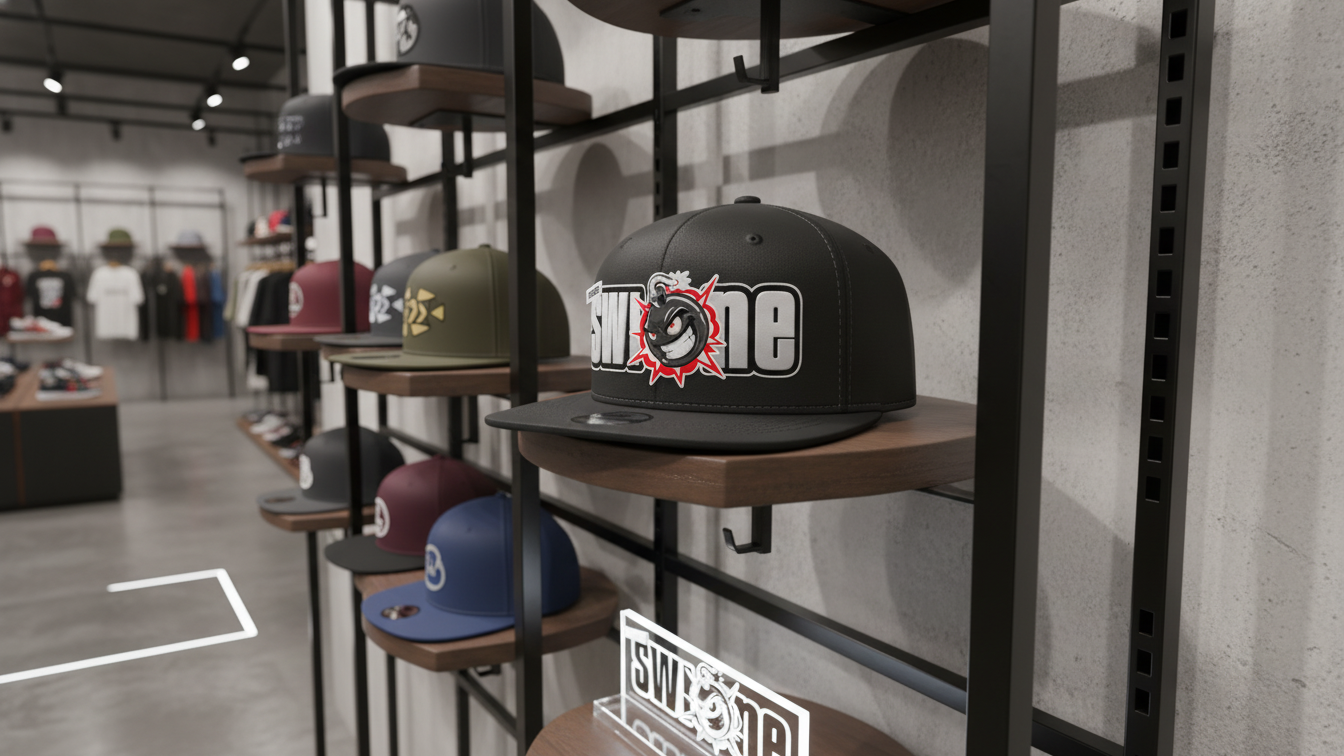Display of BraggerSwine caps with a prominent black cap featuring a logo on a wooden shelf in a store setting.