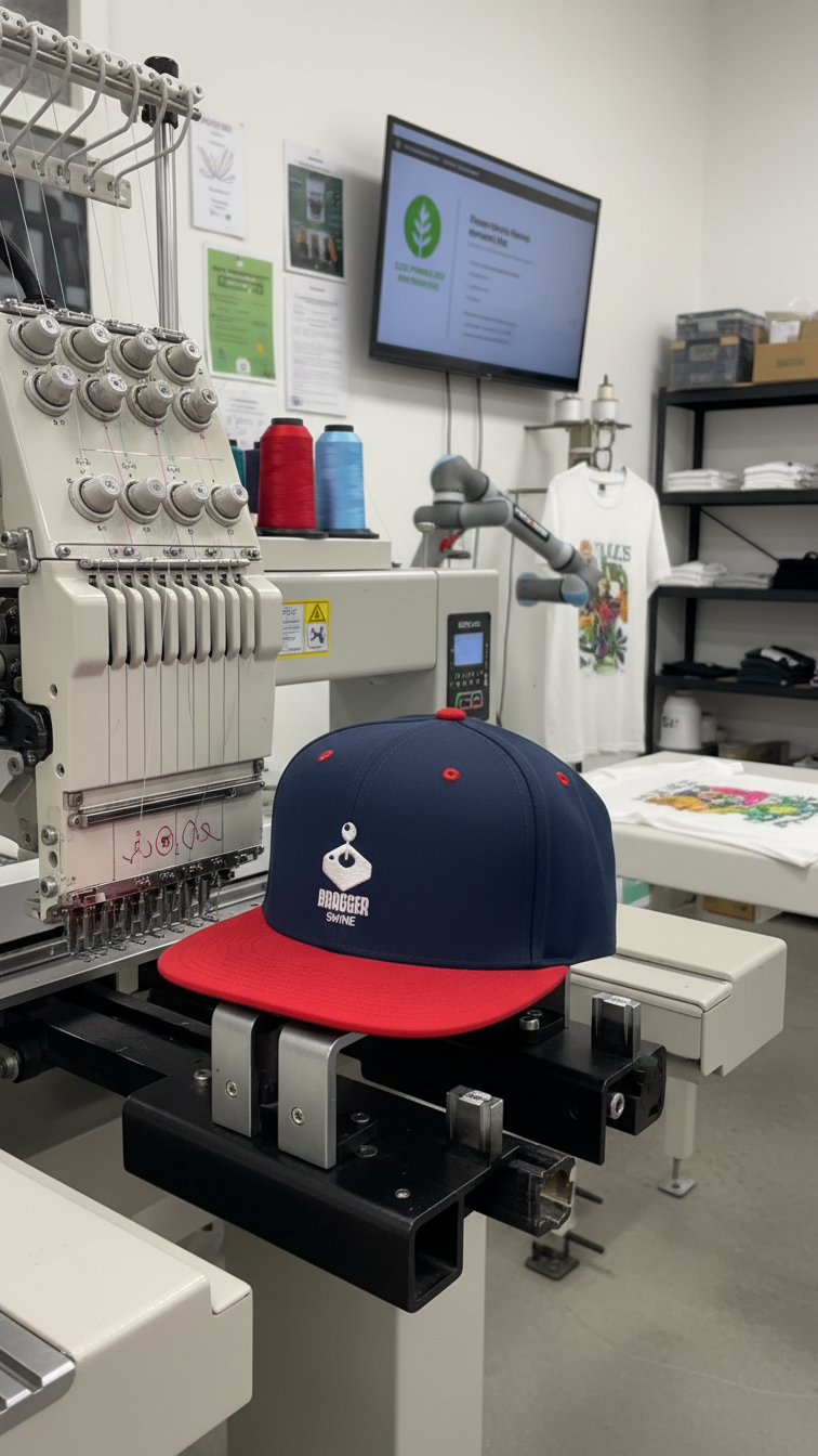 Embroidery machine with a navy and red cap in the hoop