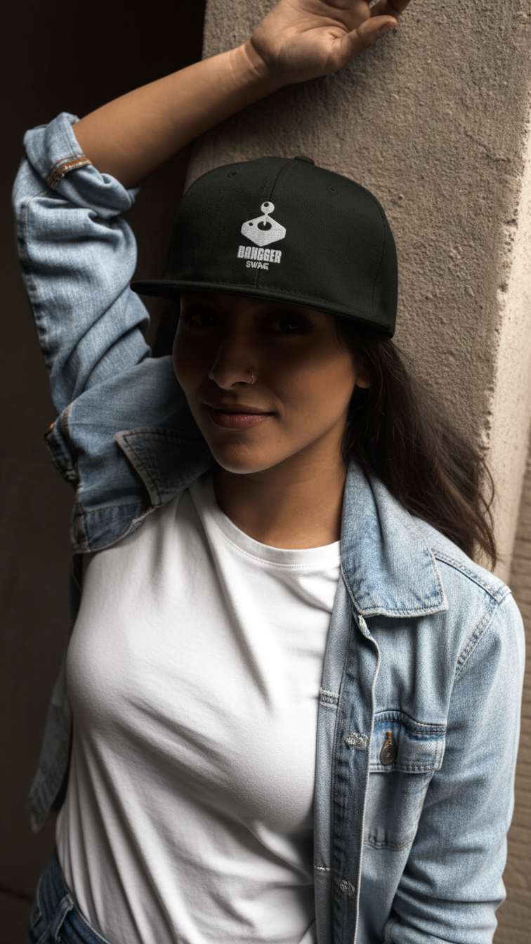 BraggerSwine wearing a black cap with a logo, white shirt, and denim jacket against a neutral wall.