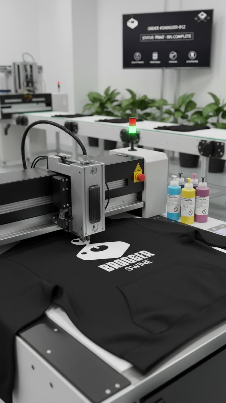 T-shirt being printed with a design on an industrial printer.