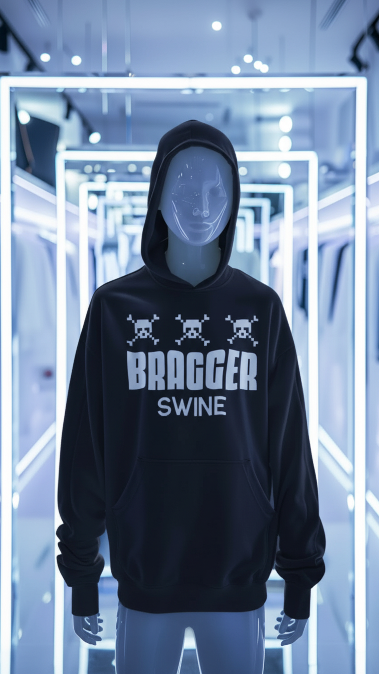 Black hoodie with 'Bragger Swine' text on a futuristic background