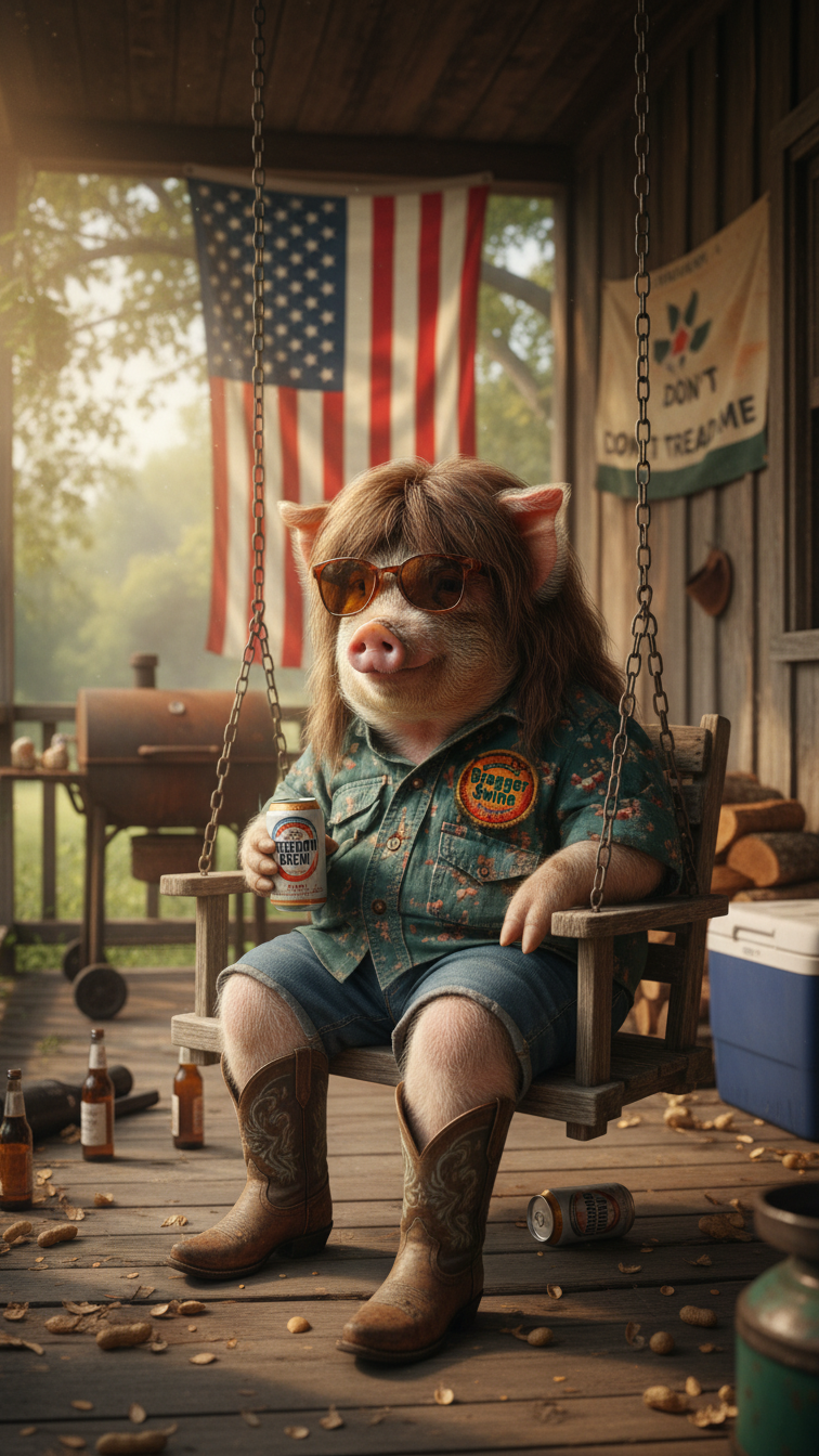 BraggerSwine Pig in sunglasses and boots sitting on a swing with an American flag in the background