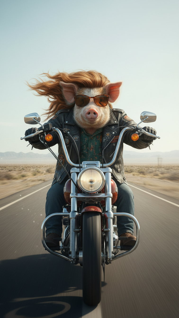 BraggerSwine Pig riding a motorcycle on a desert road