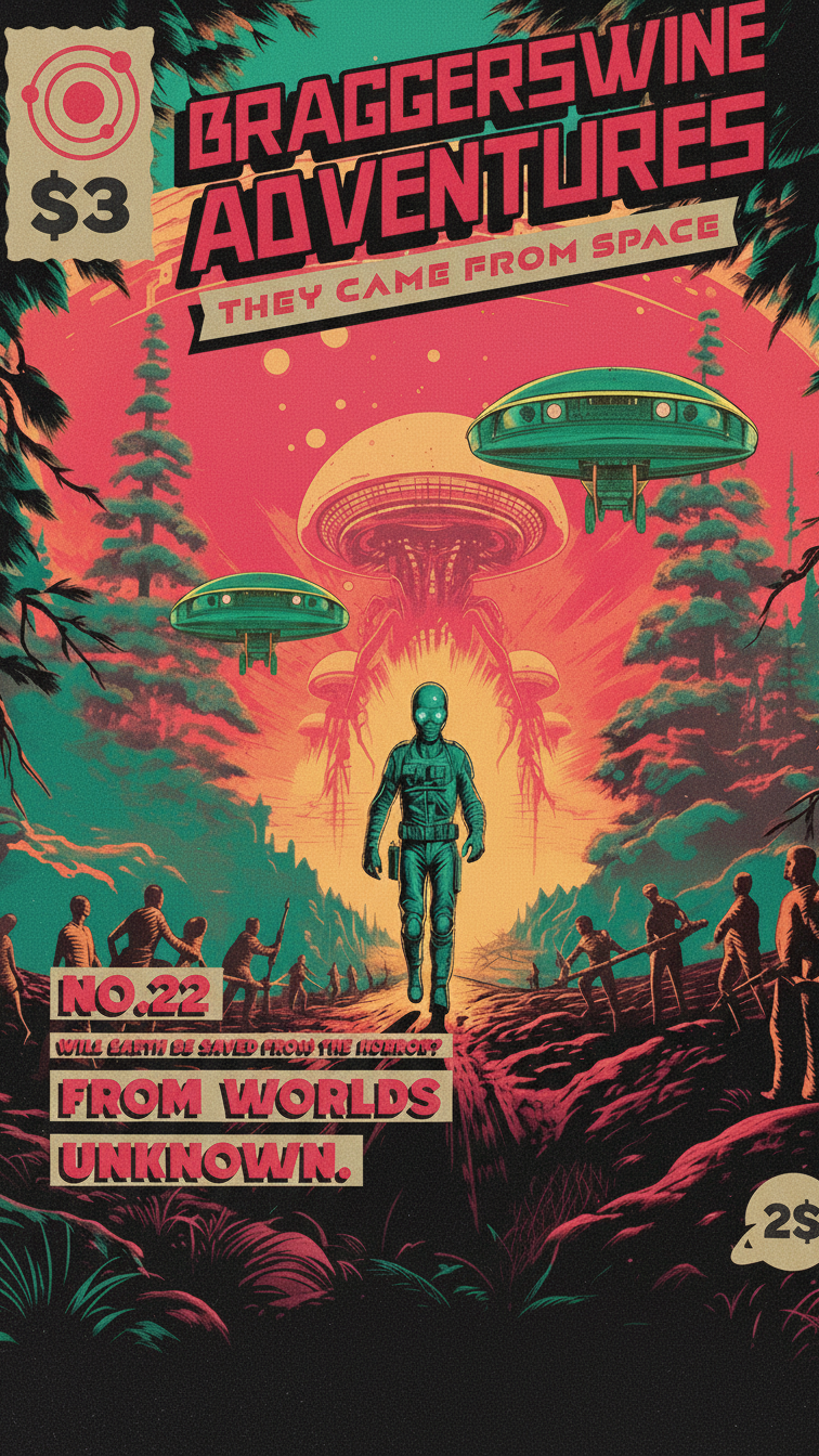 BraggerSwine Comic book cover with space-themed artwork, UFO, and alien figure.
