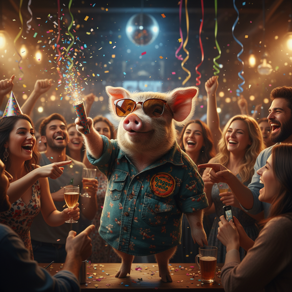 Pig in a shirt and sunglasses celebrating with people at a party.