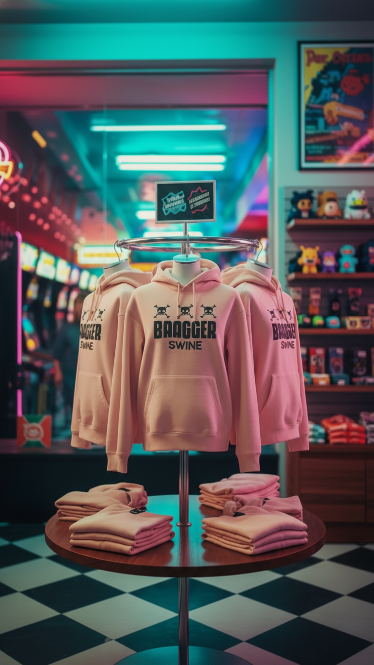 Pink BraggerSwine sweatshirts on a rack with a neon-lit arcade in the background
