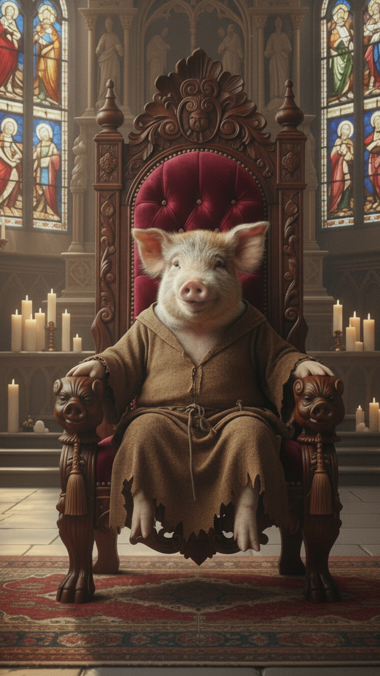 Pig in a robe sitting on a throne with stained glass windows in the background