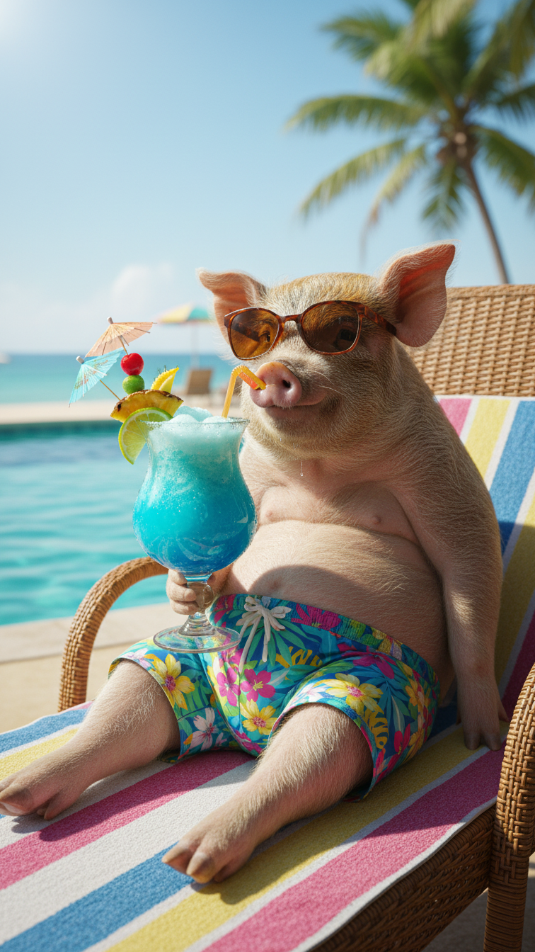 BraggerSwine Pig in colorful swimsuit and sunglasses holding a blue cocktail by a pool with palm trees in the background
