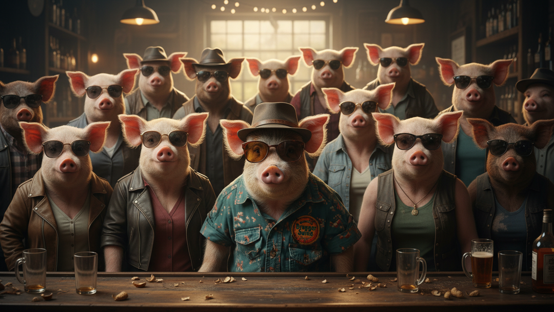 Pigs wearing sunglasses and hats in a bar setting
