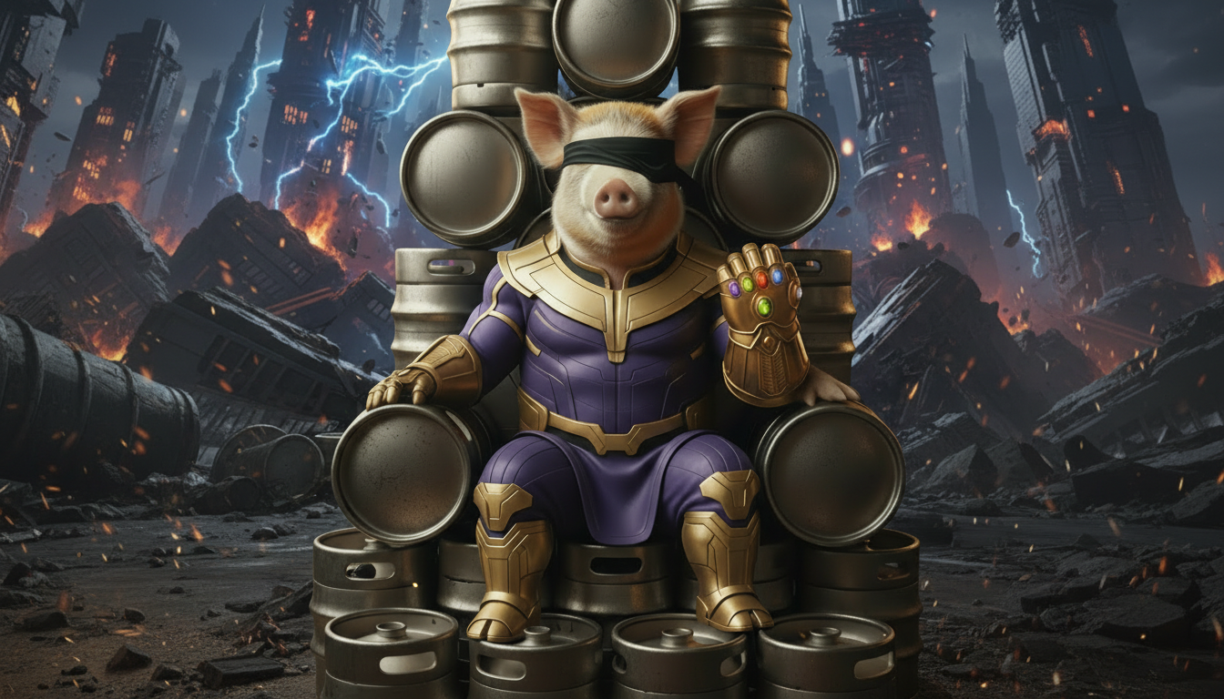 BraggerSwine Animated character in a purple outfit with goggles and gloves, surrounded by barrels in a dark, apocalyptic setting.