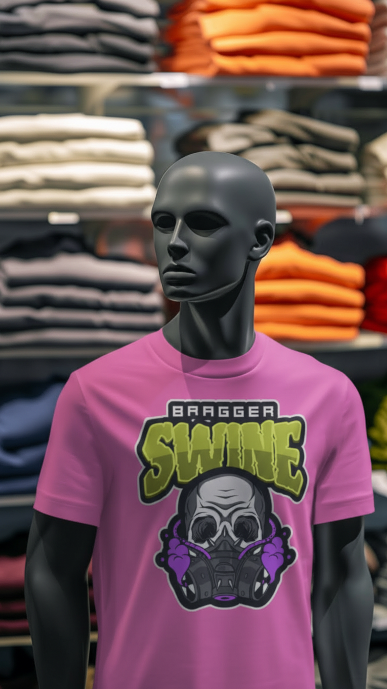 Mannequin wearing a pink t-shirt with a graphic design in a clothing store.
