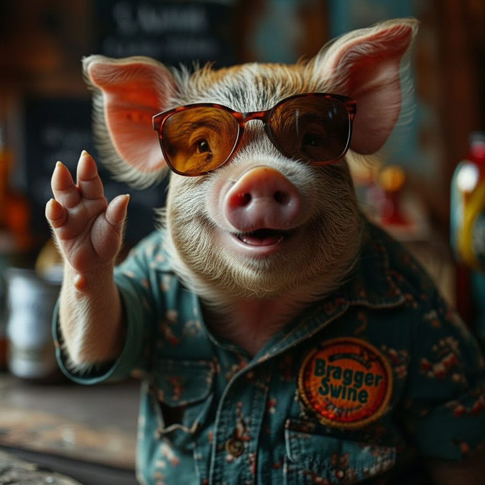 Pig wearing sunglasses and a denim shirt with a patch labeled 'Bragger Swine' in a casual setting.