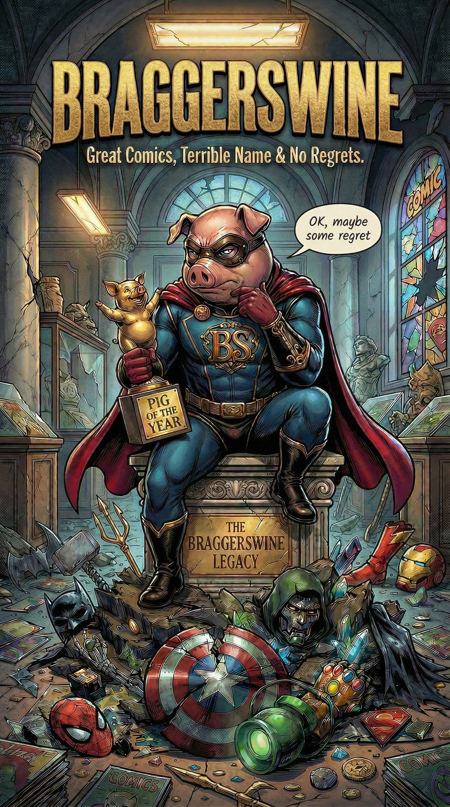 Comic book cover featuring BraggerSwine superhero pig character with text and symbols.