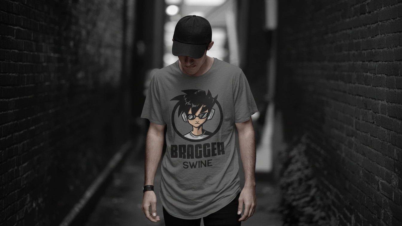 Person wearing a t-shirt with a graphic design and text in a dark alley.
