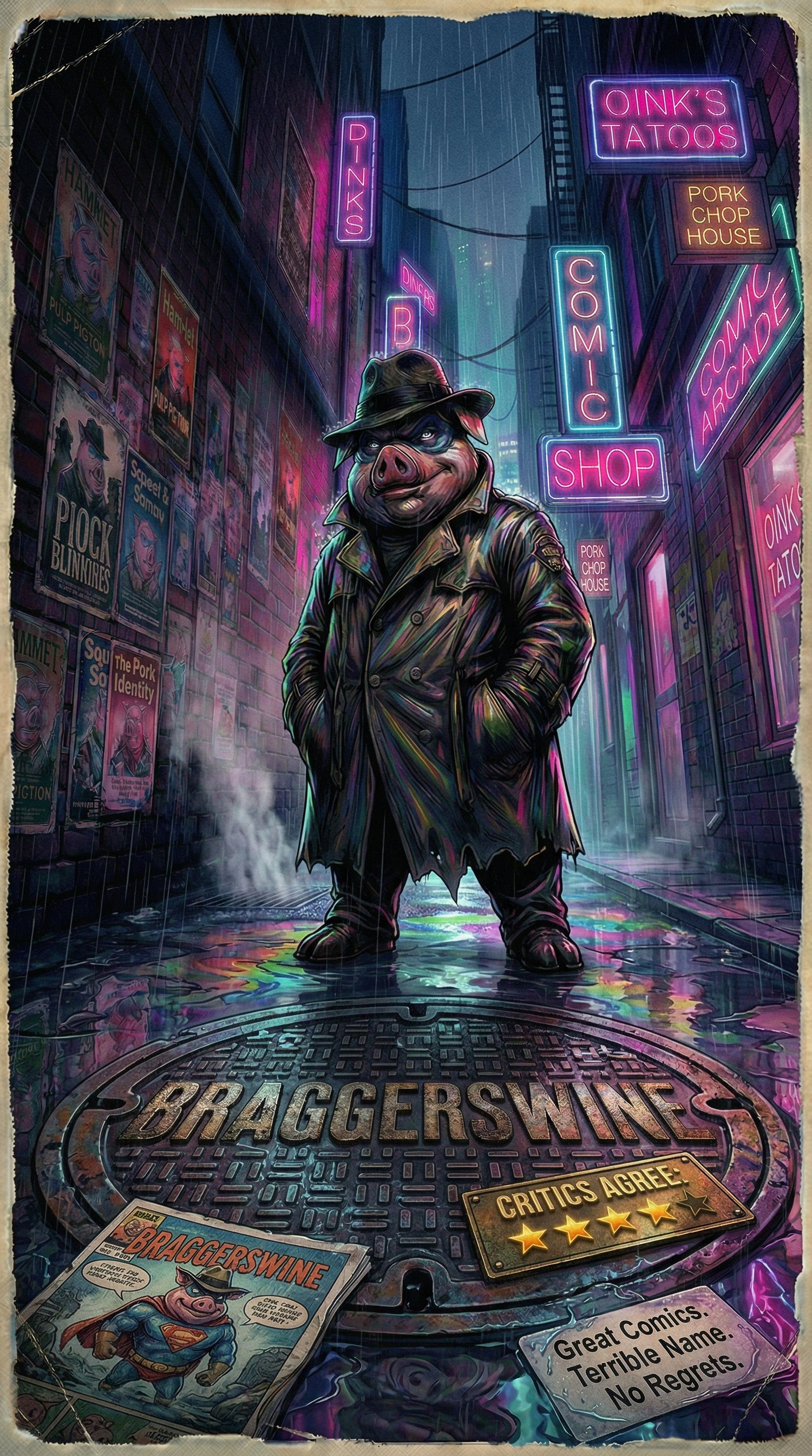 Bragger Swine in a trench coat standing in a neon-lit alleyway with various signs and a manhole cover.