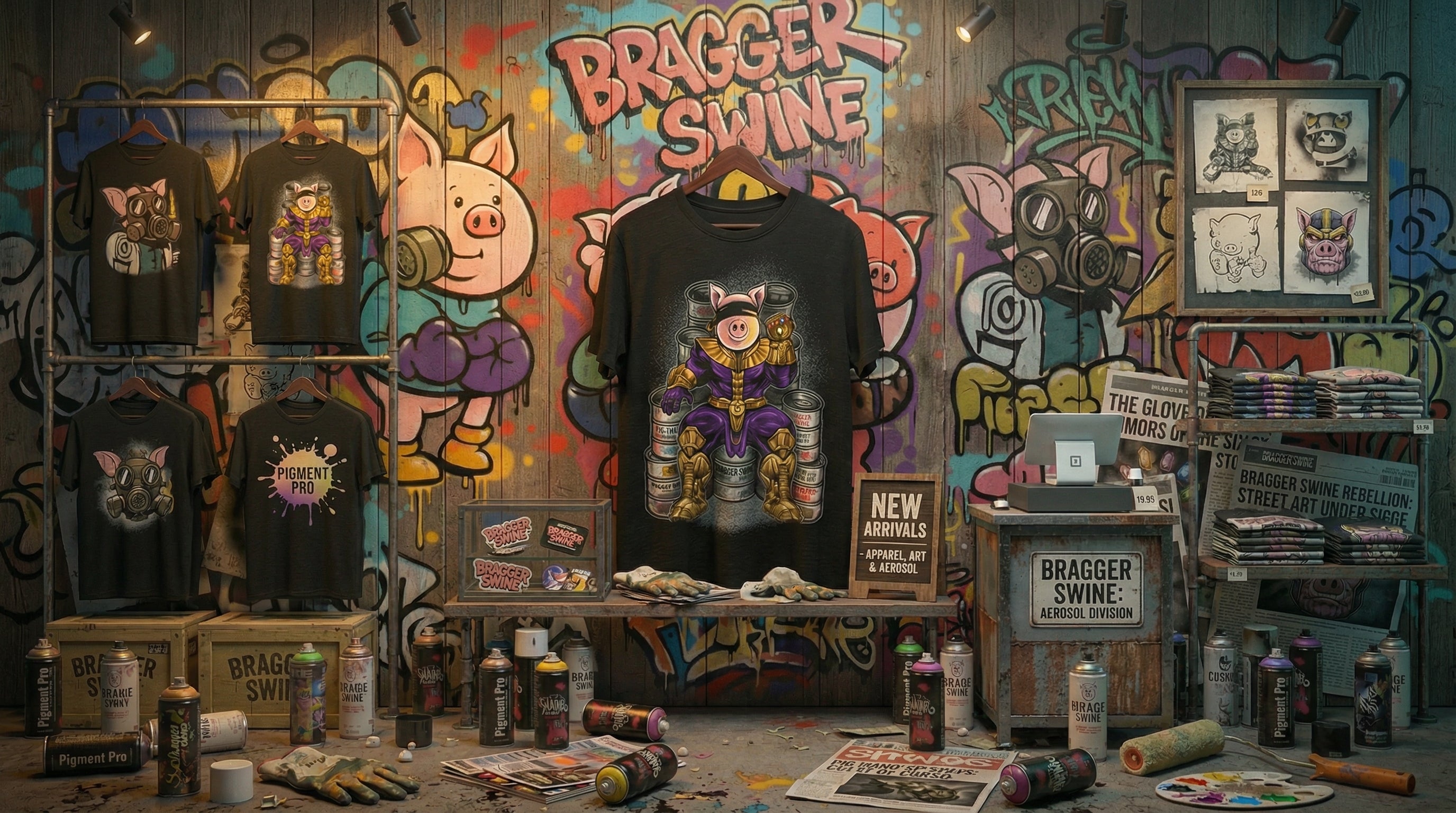 T-shirt store with various t-shirts and graffiti-style wall art.