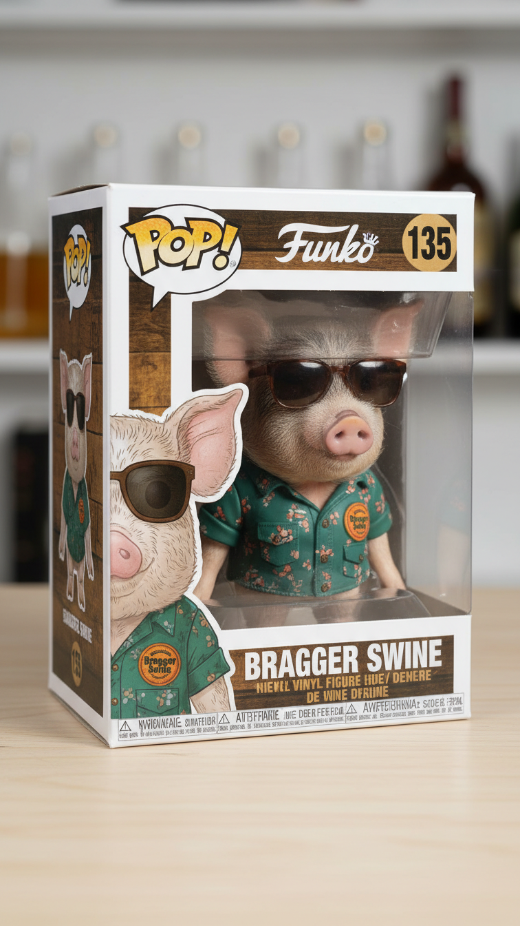 BraggerSwine Funko Pop! vinyl figure of a pig wearing sunglasses in its packaging, with 'Bragger Swine' text.