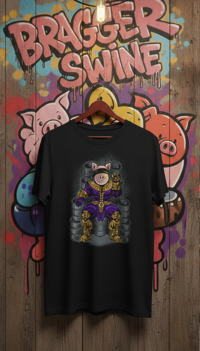 Bragger Swine Black t-shirt with a colorful graphic design of a pig in armor hanging on a wooden door with 'Bragger Swine' graffiti.