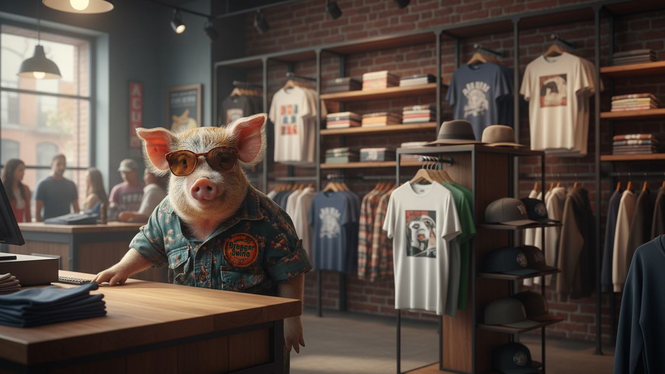 Pig wearing sunglasses in a clothing store with shelves of shirts and hats.