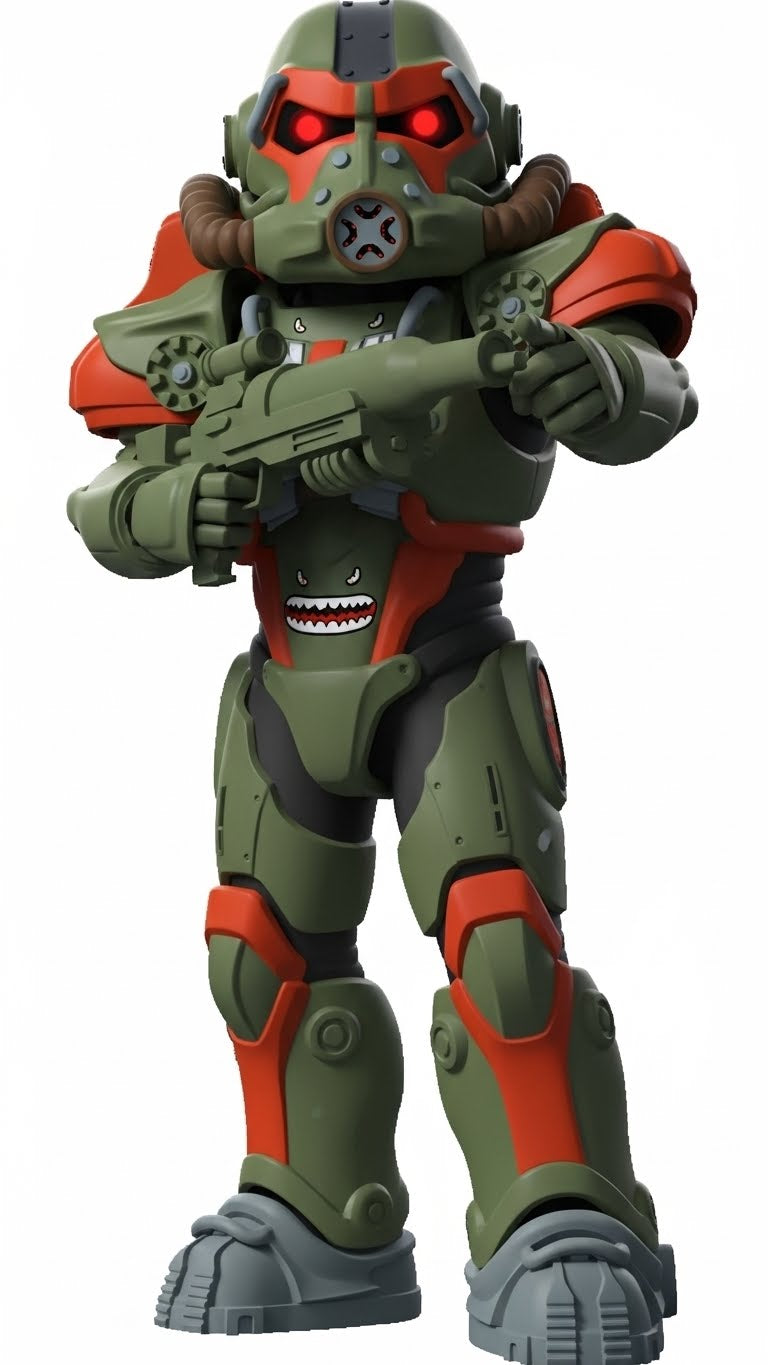 Toy figure of a robot with green and orange armor on a white background