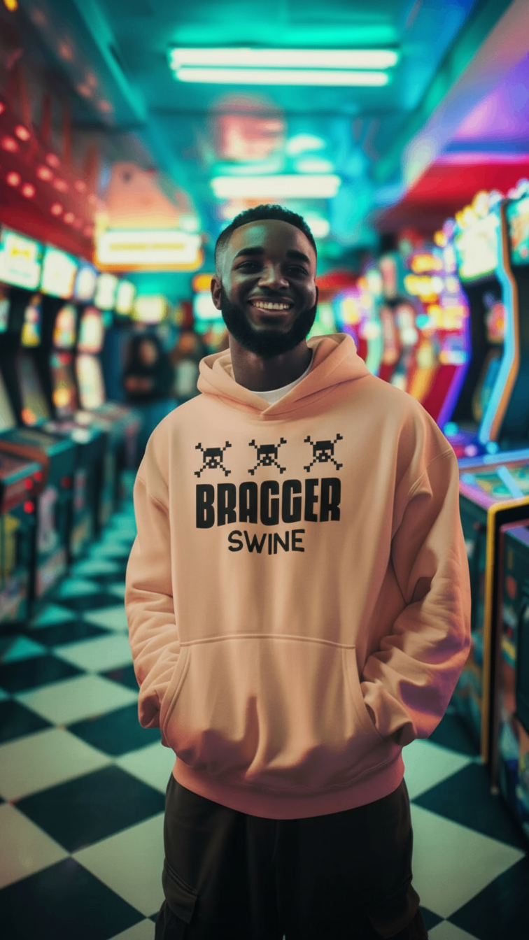 BraggerSwine wearing a hoodie with text in an arcade setting