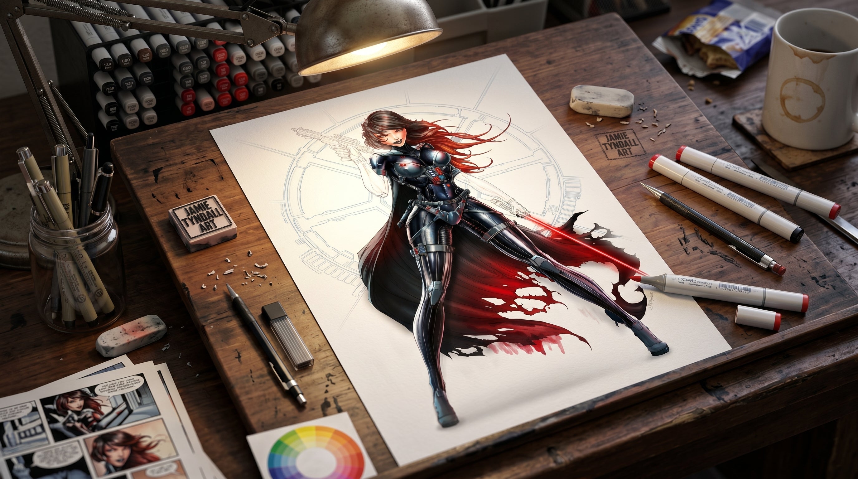 Artistic illustration of a superheroine on a wooden desk with art supplies.