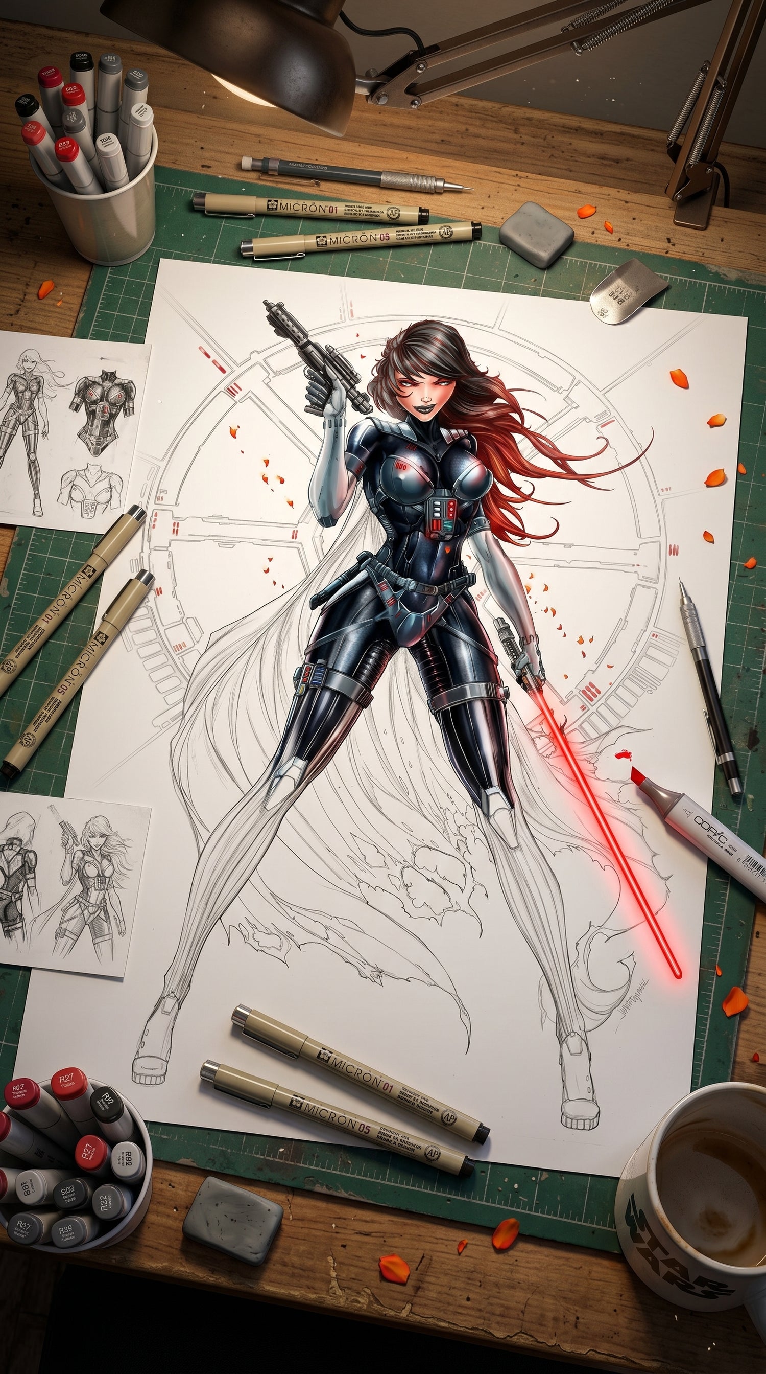Artistic illustration of a character with a red laser sword on a drawing table with art supplies.