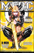 Comic book magazine cover featuring a superheroine in a yellow and black outfit with text about X-Men swimsuit edition.