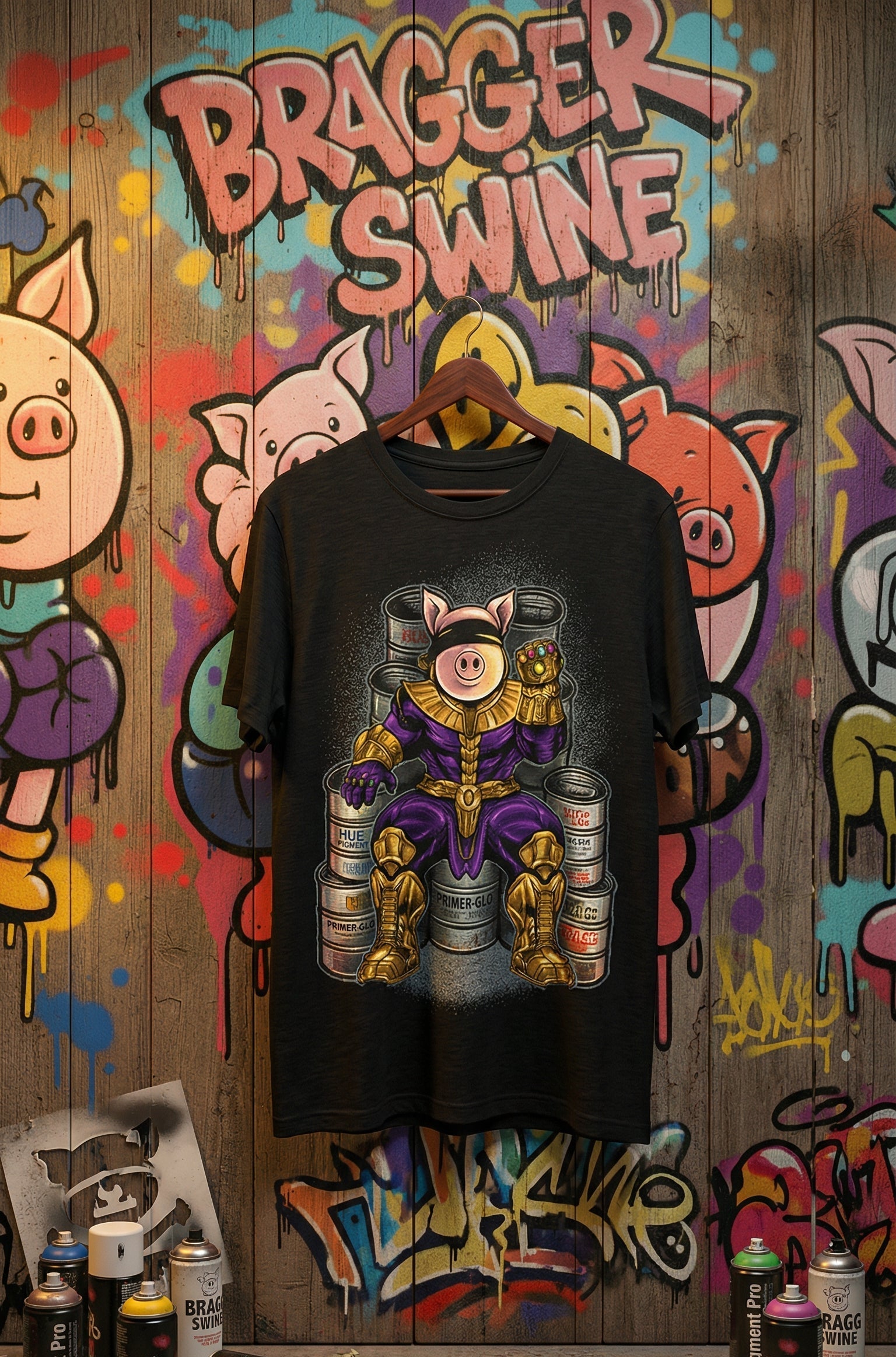 Black t-shirt with graphic design of a pig superhero on a colorful graffiti wall.