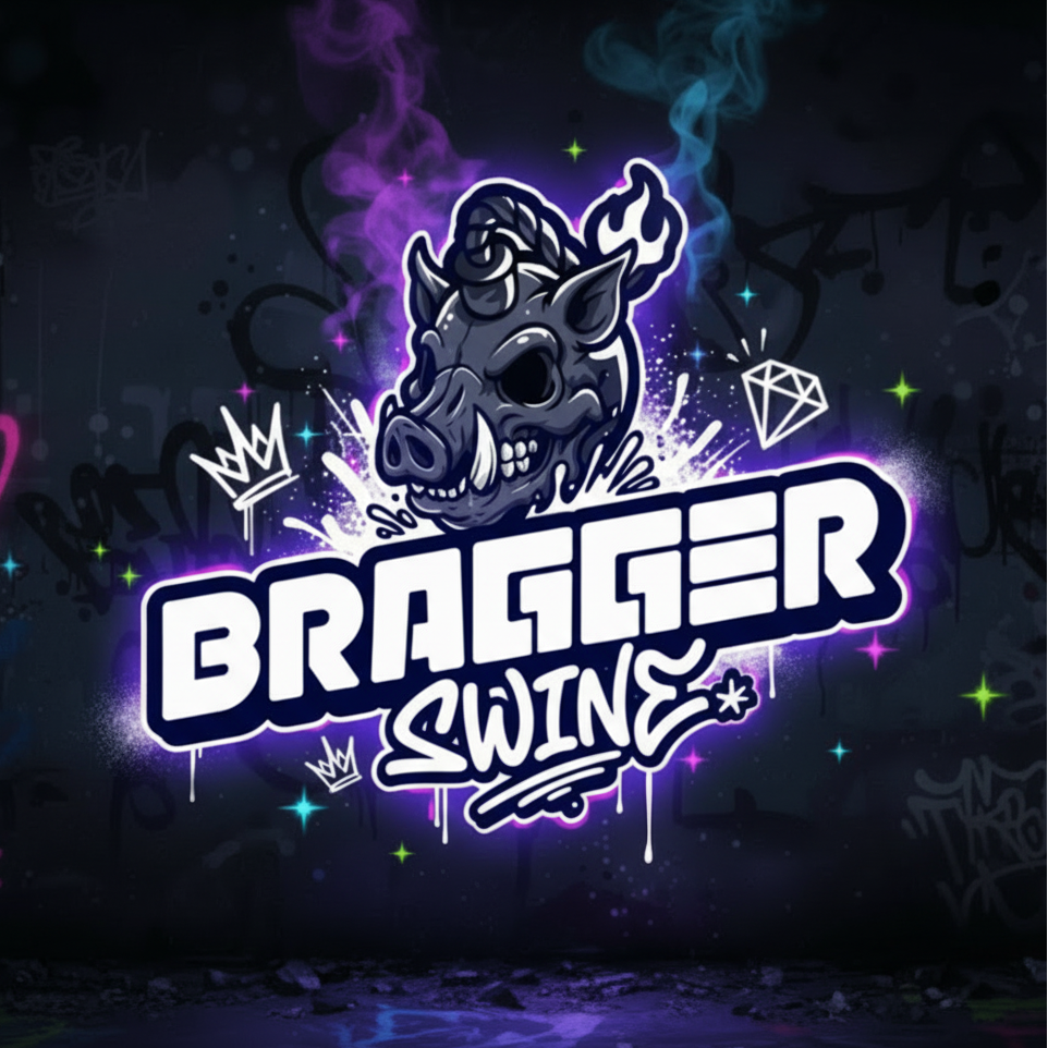 Logo of 'Bragger Swine' with a stylized pig head design on a dark background with neon effects.