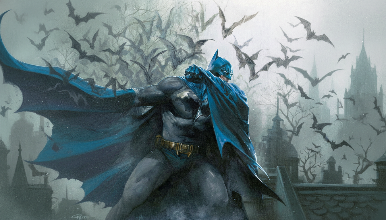 Batman standing on a rooftop with bats flying around, set against a dark, gothic cityscape.
