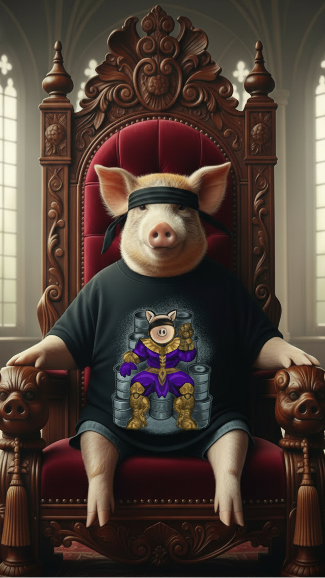 Pig wearing a t-shirt with a graphic design, sitting on an ornate throne in a cathedral-like setting.