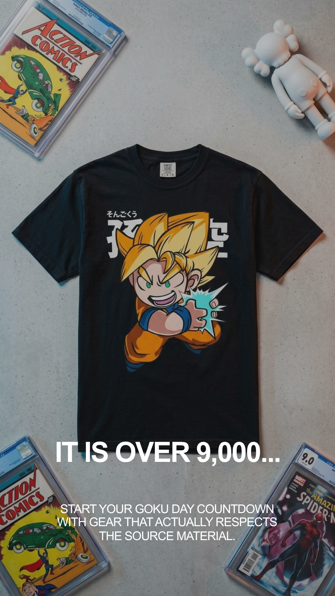 Black t-shirt with a character design surrounded by Dragon Ball Z comics on a gray surface.